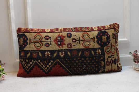 Handmade Wool Lumbar Pillow Cover: Turkish Rug Design (16x32 inch)