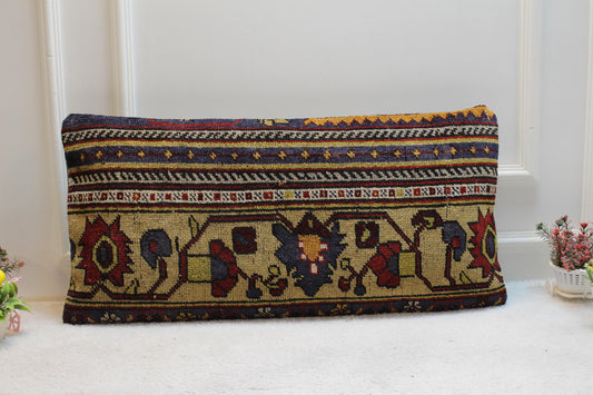 Floral Lumbar Pillow Cover: Handmade Turkish Rug, 16x32 inc