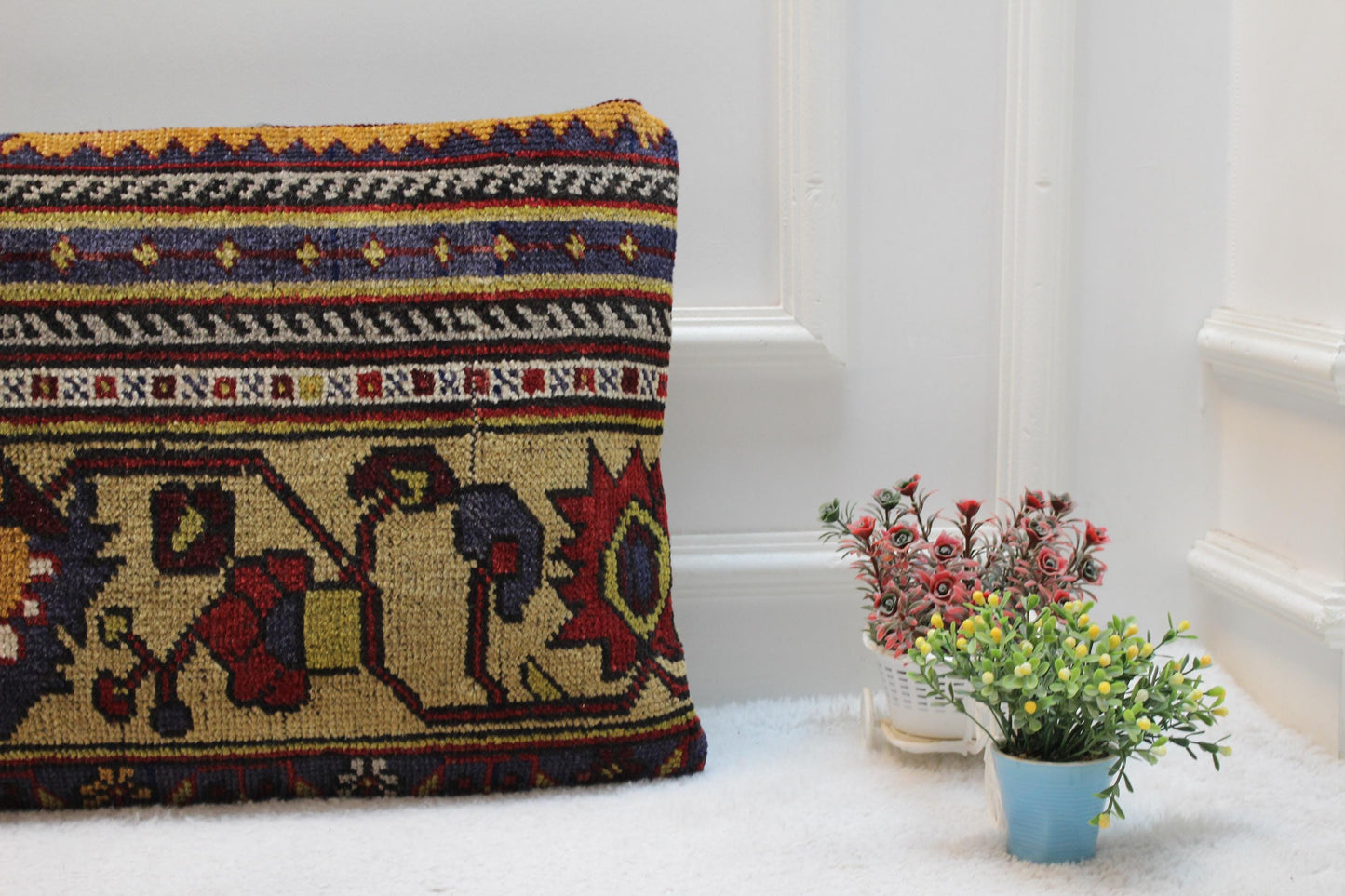 Floral Lumbar Pillow Cover: Handmade Turkish Rug, 16x32 inc