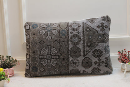 Gray Turkish Rug Lumbar Pillow Cover: Vintage Kilim Pillow, 16x24 inch