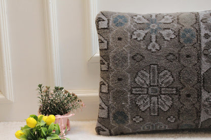 Gray Turkish Rug Lumbar Pillow Cover: Vintage Kilim Pillow, 16x24 inch