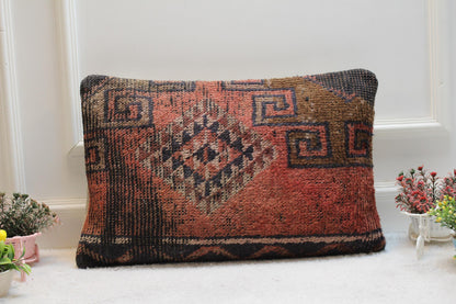 Handmade Turkish Rug Pillow Cover: Geometric Wool Lumbar Pillow (16x24 in)