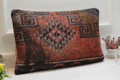 Handmade Turkish Rug Pillow Cover: Geometric Wool Lumbar Pillow (16x24 in)