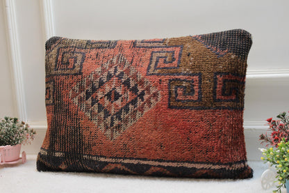 Handmade Turkish Rug Pillow Cover: Geometric Wool Lumbar Pillow (16x24 in)