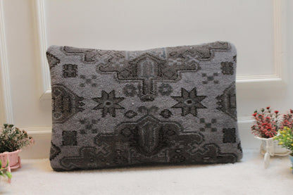 Gray Turkish Rug Pillow Cover: Vintage Kilim Lumbar Pillow (16x24 in)