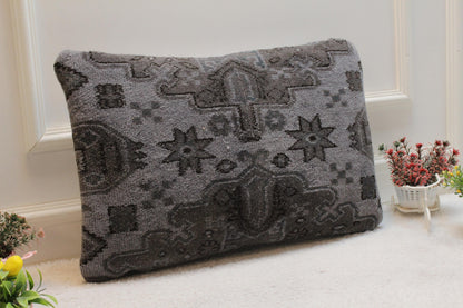 Gray Turkish Rug Pillow Cover: Vintage Kilim Lumbar Pillow (16x24 in)