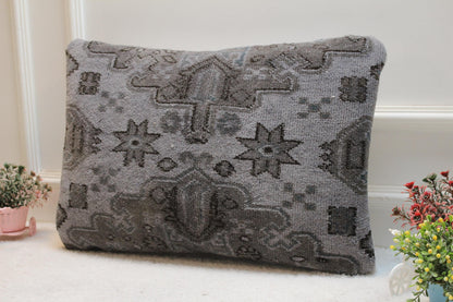 Gray Turkish Rug Pillow Cover: Vintage Kilim Lumbar Pillow (16x24 in)