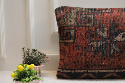 Red Anatolian Kilim Pillow Cover: Turkish Rug Home Decor (16x24 in)
