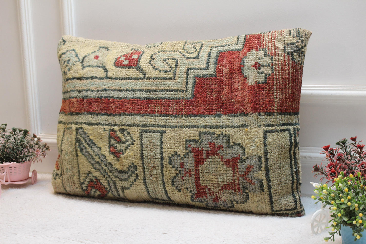 Handmade Kilim Pillow Cover: Upcycled Woven Rug, Bohemian Decor (16x24in)