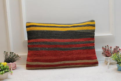 Handmade Kilim Pillow Cover: Upcycled Woven Wool, Red Beige (16x24in)