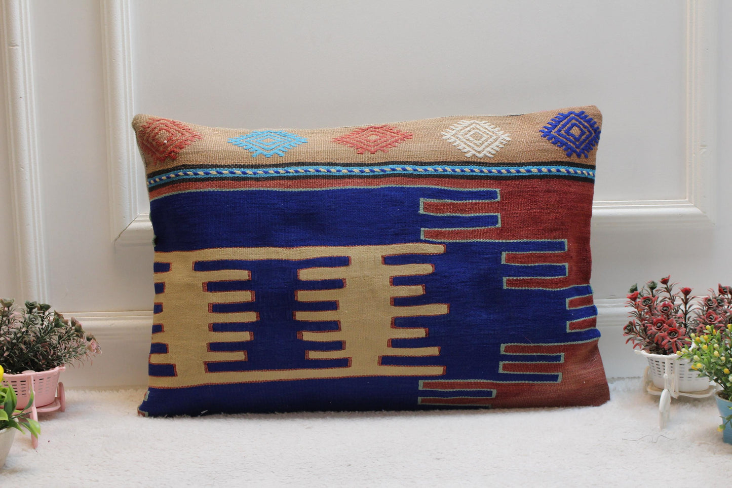 Handmade Kilim Pillow Cover: Blue Woven Wool, 16x24 inch