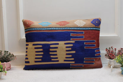 Handmade Kilim Pillow Cover: Blue Woven Wool, 16x24 inch