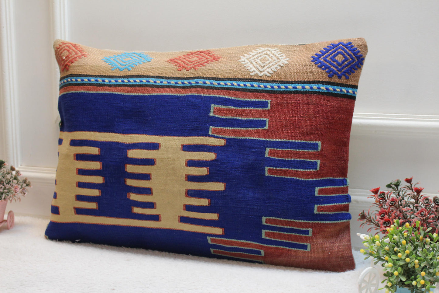 Handmade Kilim Pillow Cover: Blue Woven Wool, 16x24 inch