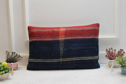 Handmade Kilim Pillow Cover: Upcycled Woven Rug, Bohemian Decor (16x24 inc)