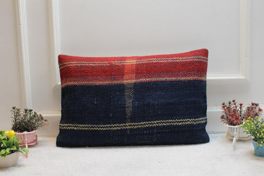 Handmade Kilim Pillow Cover: Upcycled Woven Rug, Bohemian Decor (16x24 inc)
