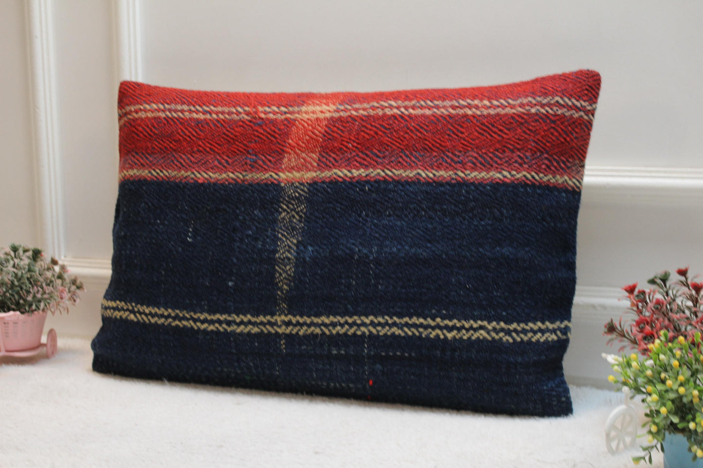Handmade Kilim Pillow Cover: Upcycled Woven Rug, Bohemian Decor (16x24 inc)