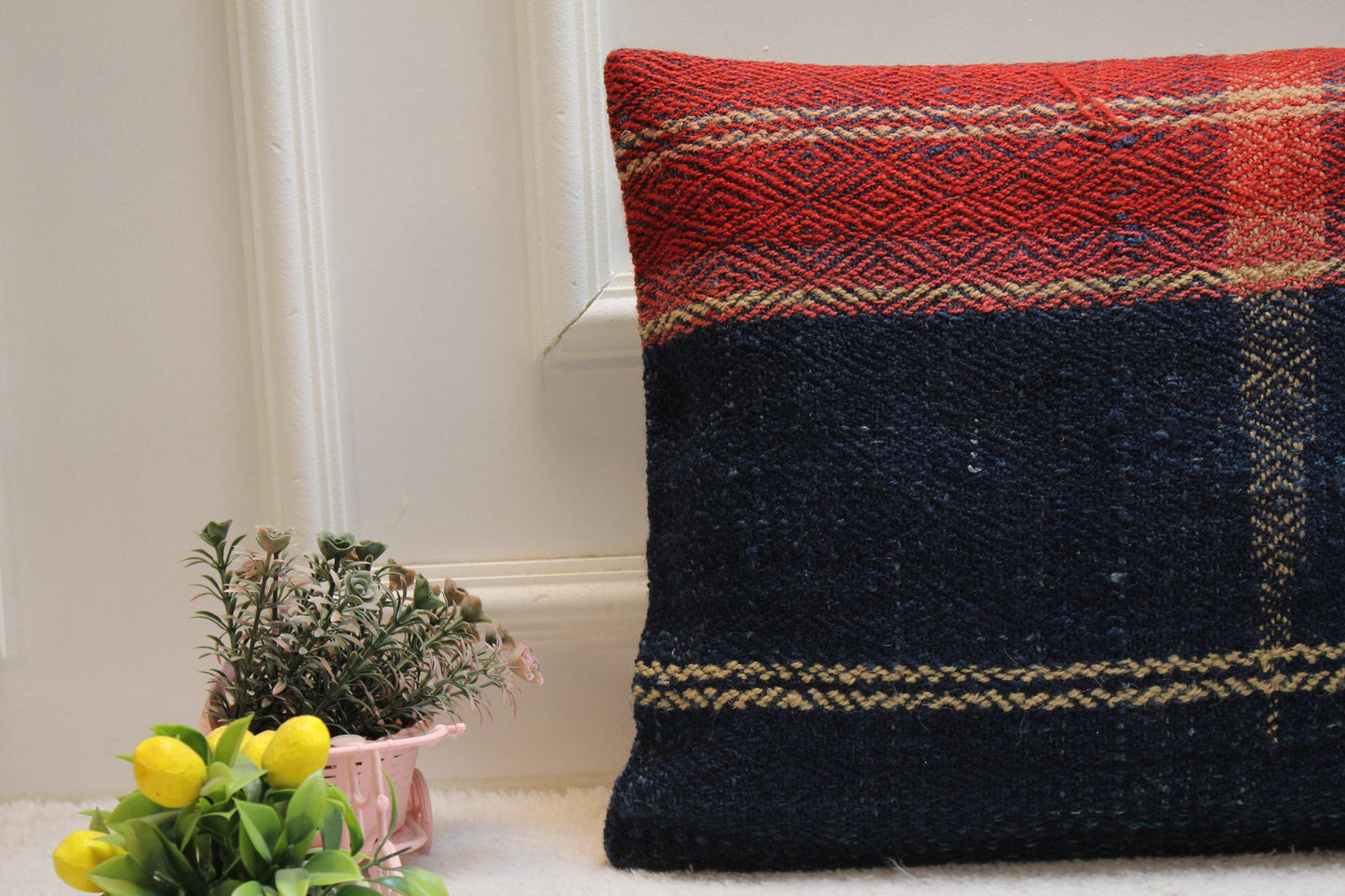 Handmade Kilim Pillow Cover: Upcycled Woven Rug, Bohemian Decor (16x24 inc)