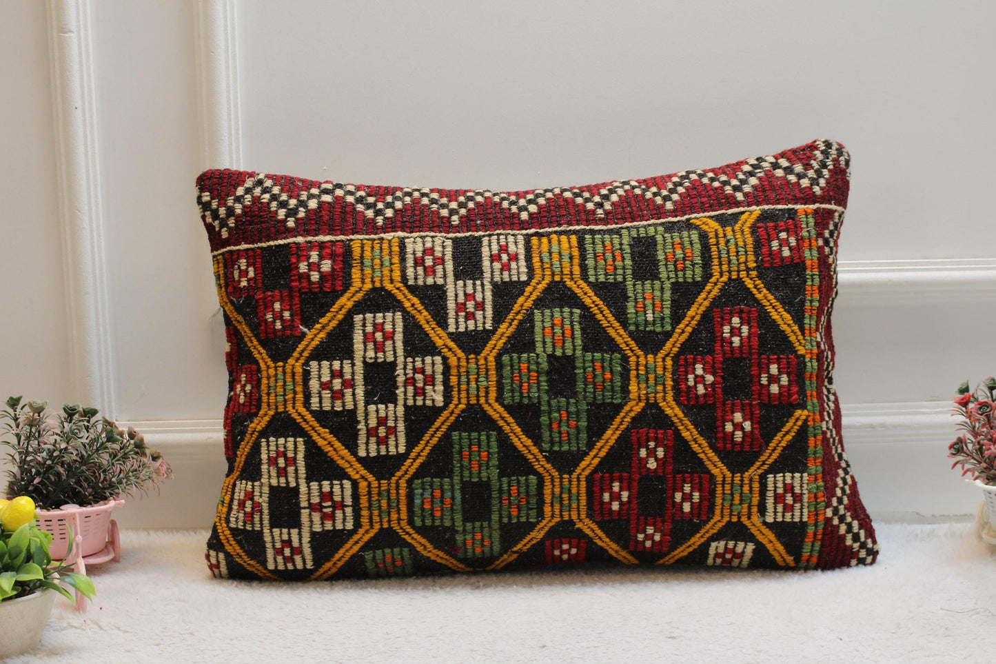 Geometric Kilim Pillow Cover: Vintage Rainbow Wool, 16x24 inch