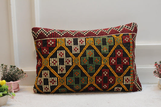 Geometric Kilim Pillow Cover: Vintage Rainbow Wool, 16x24 inch