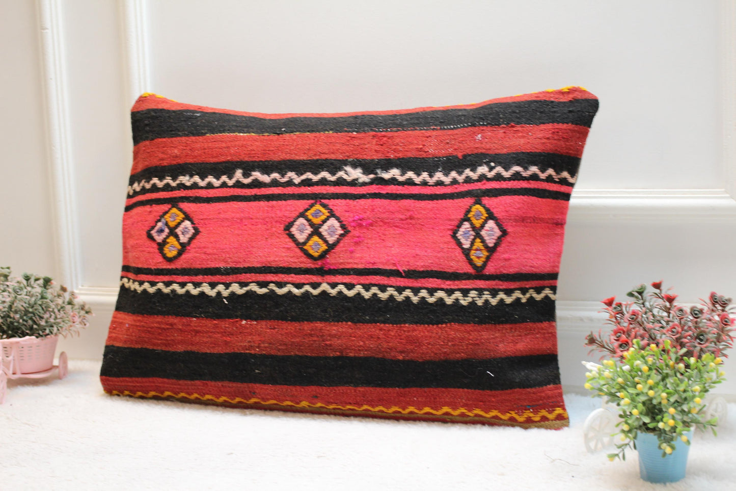 Red & Black Kilim Pillow Cover (16x24 in): Handmade Boho Throw Pillow