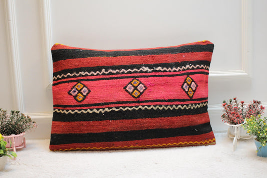 Red & Black Kilim Pillow Cover (16x24 in): Handmade Boho Throw Pillow