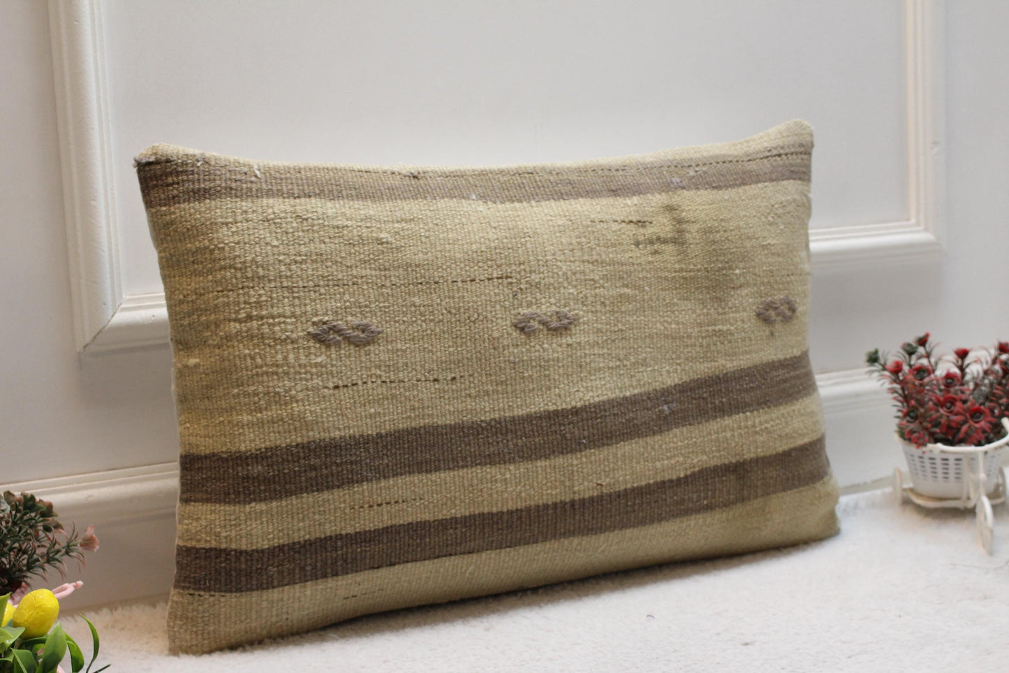 Handmade Kilim Lumbar Pillow Cover: Boho Beige Brown Woven Rug, 16x24 inch
