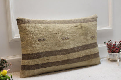 Handmade Kilim Lumbar Pillow Cover: Boho Beige Brown Woven Rug, 16x24 inch