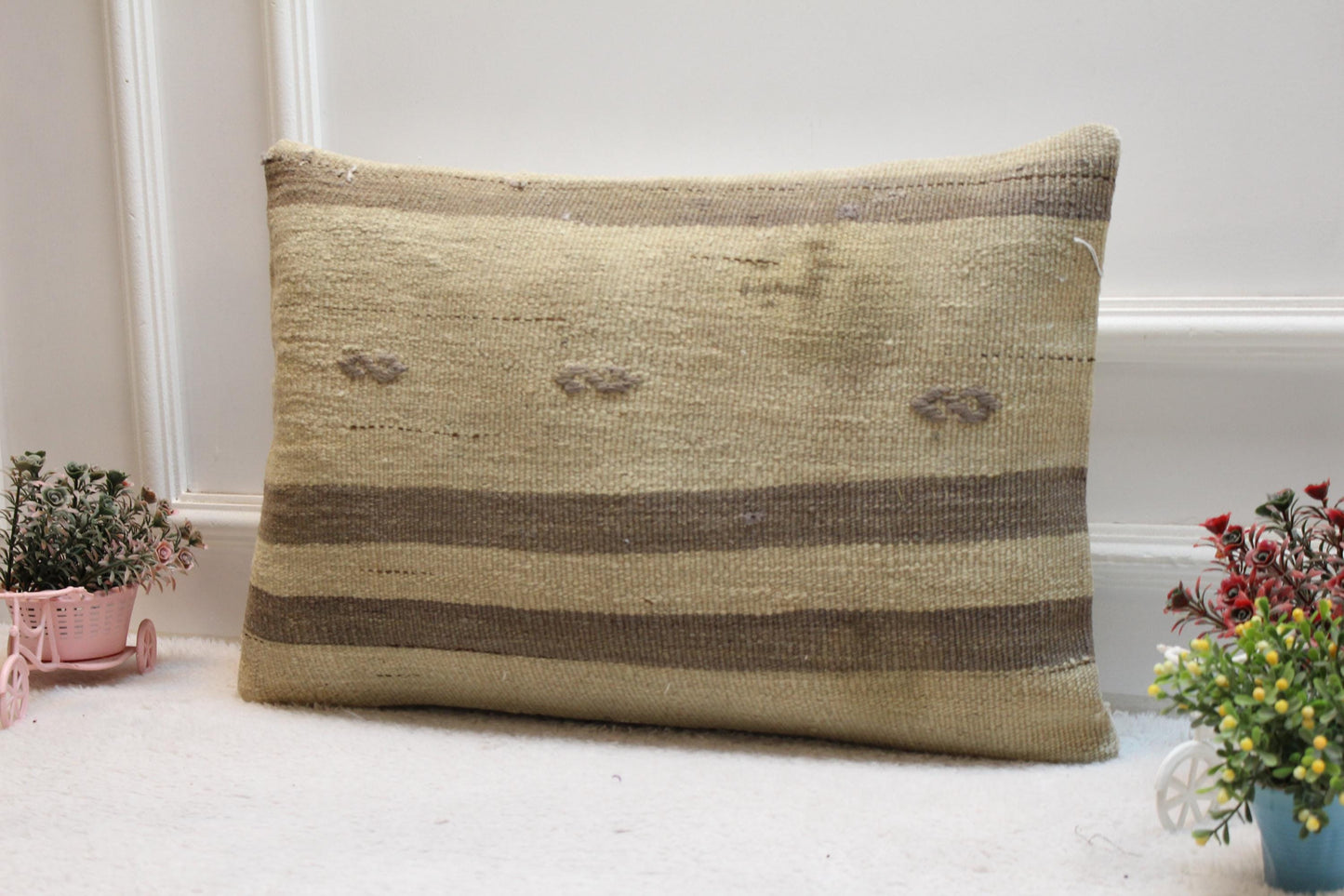 Handmade Kilim Lumbar Pillow Cover: Boho Beige Brown Woven Rug, 16x24 inch