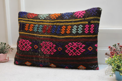 Handmade Turkish Kilim Pillow Cover: Vintage Woven Wool, 16x24