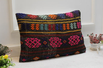 Handmade Turkish Kilim Pillow Cover: Vintage Woven Wool, 16x24