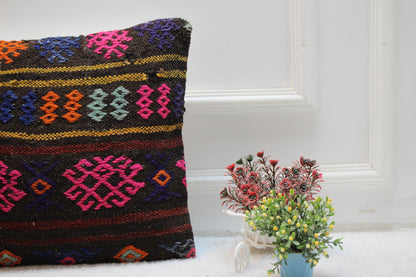 Handmade Turkish Kilim Pillow Cover: Vintage Woven Wool, 16x24