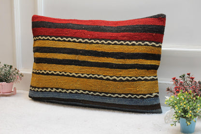 Handmade Kilim Pillow Cover: Vintage Woven Wool, 16x24 inch