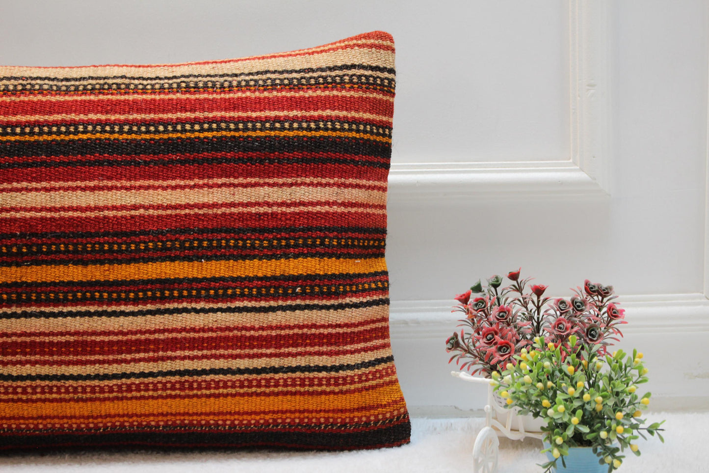 Striped Kilim Pillow Cover: Vintage Turkish Wool, 16x24 inch