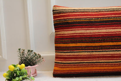 Striped Kilim Pillow Cover: Vintage Turkish Wool, 16x24 inch