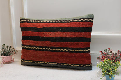 Red Kilim Pillow Cover: Striped Woven Rug, Bohemian Decor (16x24 inch)