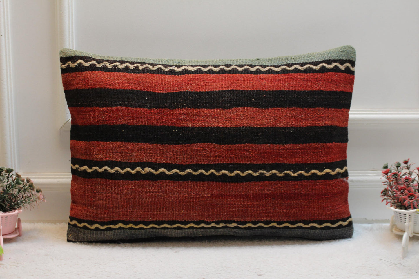 Red Kilim Pillow Cover: Striped Woven Rug, Bohemian Decor (16x24 inch)