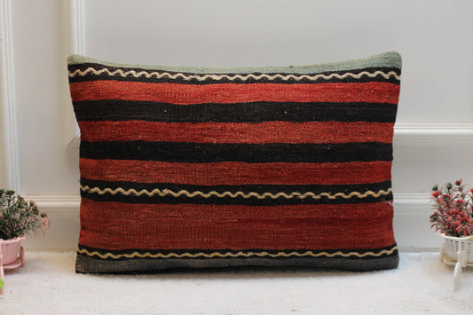 Red Kilim Pillow Cover: Striped Woven Rug, Bohemian Decor (16x24 inch)