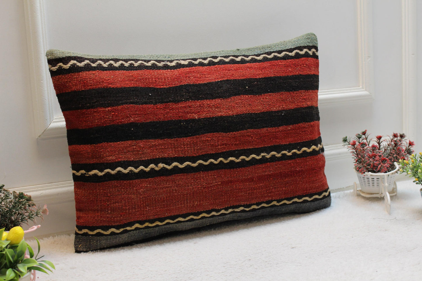 Red Kilim Pillow Cover: Striped Woven Rug, Bohemian Decor (16x24 inch)