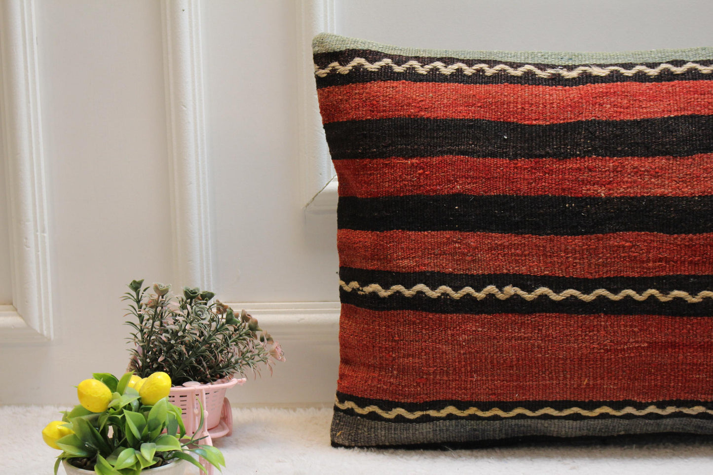Red Kilim Pillow Cover: Striped Woven Rug, Bohemian Decor (16x24 inch)