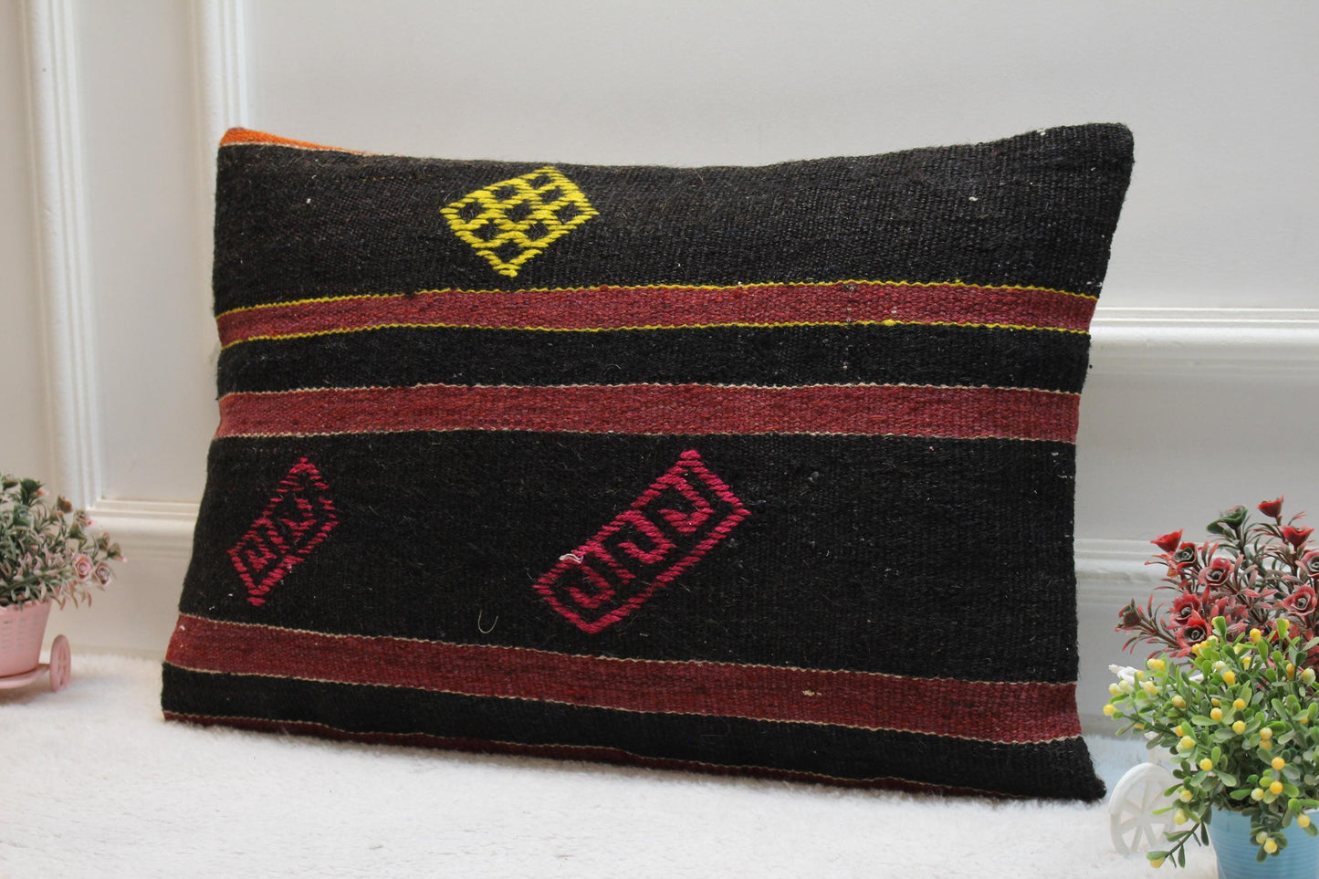 Black Kilim Pillow Cover (16x24 in): Handmade Vintage Woven Rug