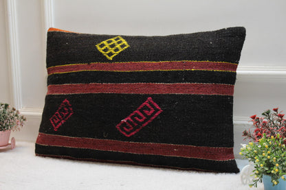 Black Kilim Pillow Cover (16x24 in): Handmade Vintage Woven Rug
