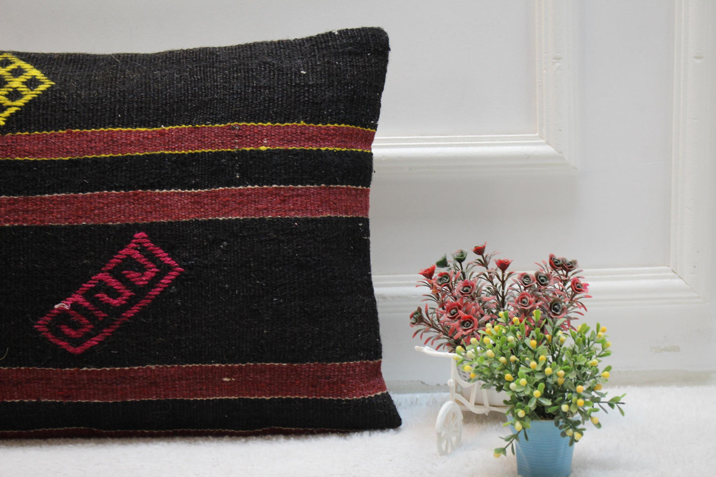 Black Kilim Pillow Cover (16x24 in): Handmade Vintage Woven Rug