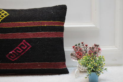 Black Kilim Pillow Cover (16x24 in): Handmade Vintage Woven Rug