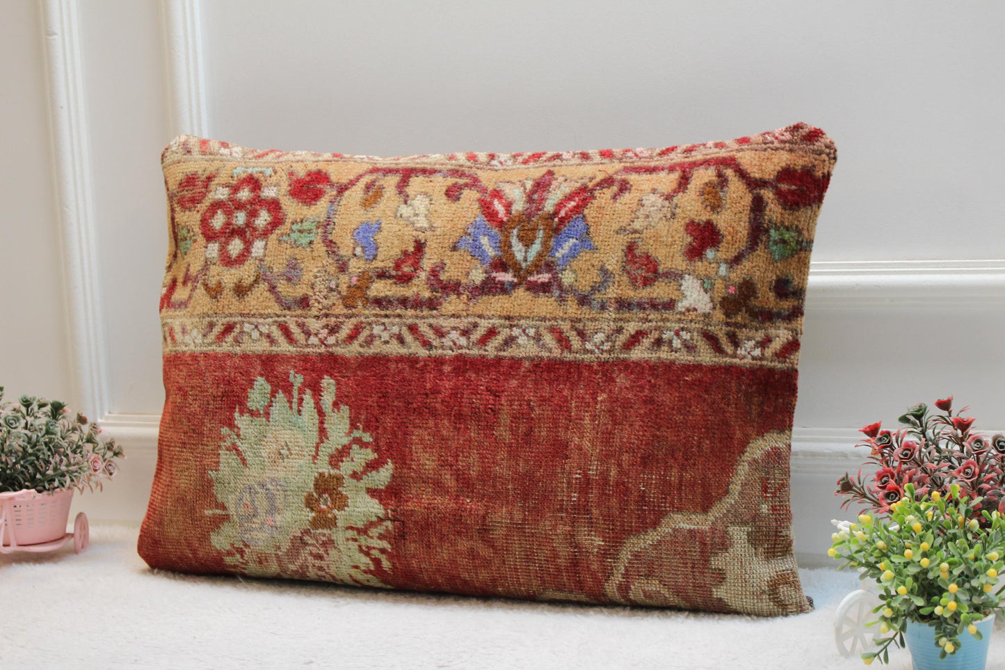 Red Turkish Rug Pillow Cover: Vintage Lumbar Pillow, 16x24 inc