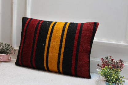 Striped Kilim Lumbar Pillow Cover: Vintage Turkish Rug, 16x24 inch