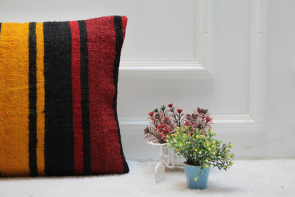 Striped Kilim Lumbar Pillow Cover: Vintage Turkish Rug, 16x24 inch