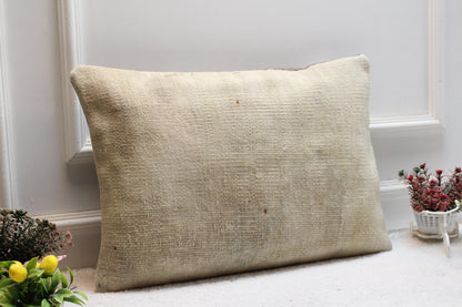 White Turkish Kilim Lumbar Pillow Cover: Vintage Rug Pillow, 16x24 inch