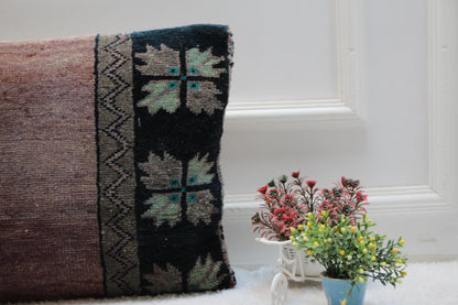 Handmade Kilim Pillow Cover: Purple & Black Boho Rug Pillow (16x24 in)