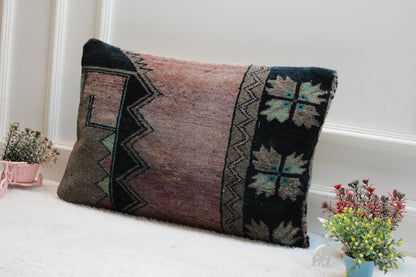 Handmade Kilim Pillow Cover: Purple & Black Boho Rug Pillow (16x24 in)
