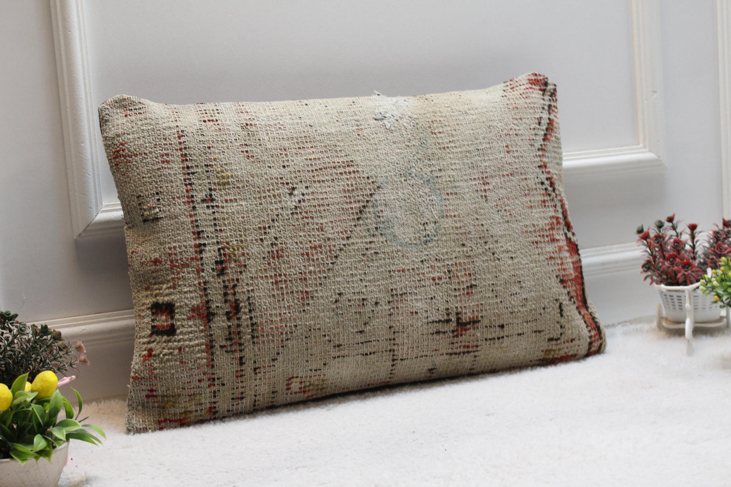 Vintage Turkish Kilim Lumbar Pillow Cover: Red Beige Woven Rug, 16x24 in